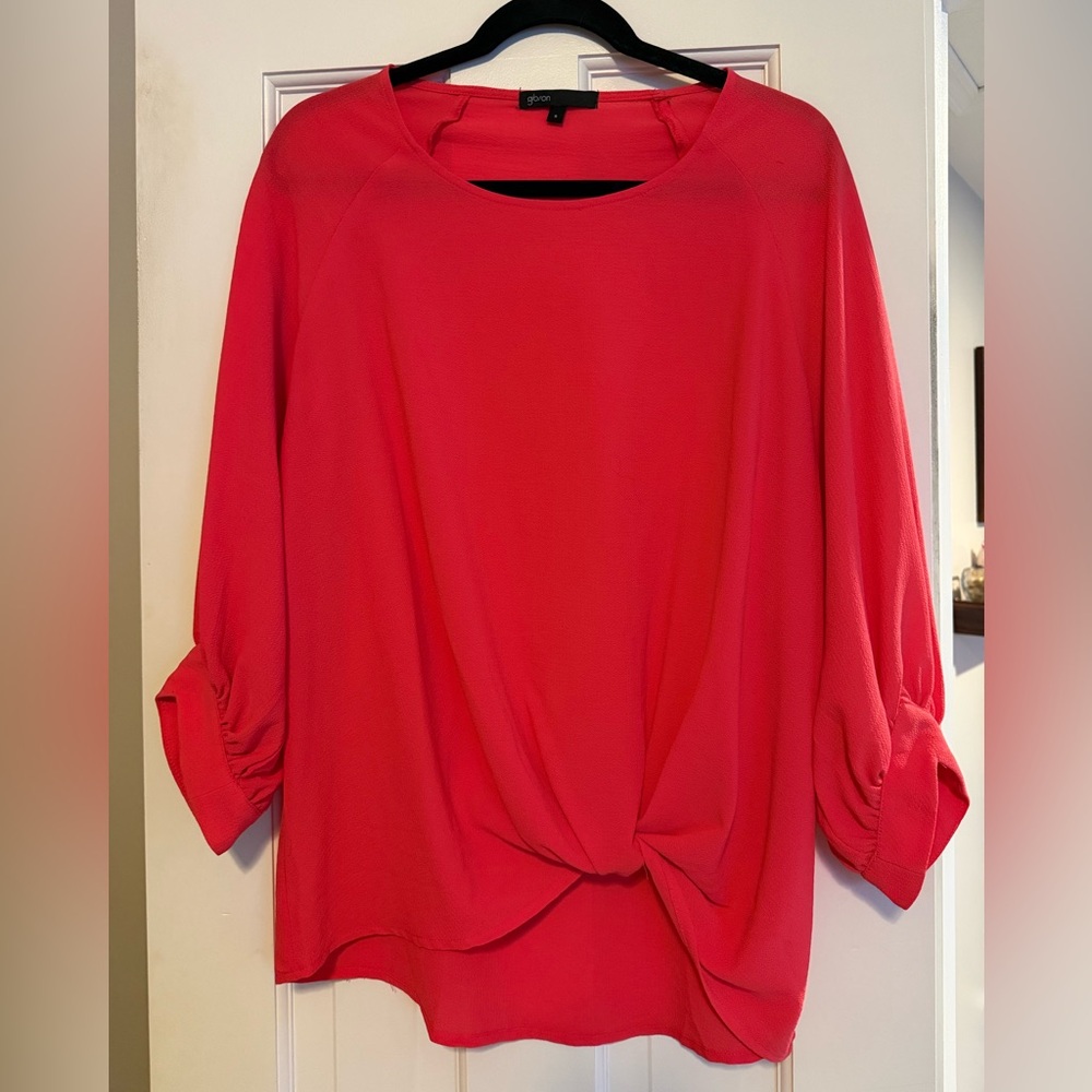 Twist Front Blouse Bright Coral Roll Tab Sleeve Top Women’s Small